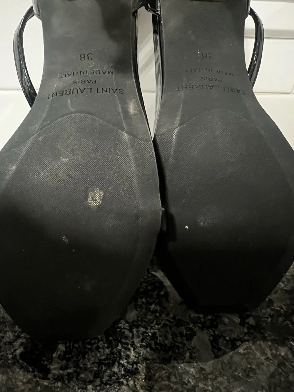 Saint Laurent Black Patent Leather Sandals with Gold YSL Logo Heel - Picture 3 of 6